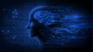 Futuristische Visualisierung der Illusion von Intelligenz durch Kombination von Gehirn und Technologie